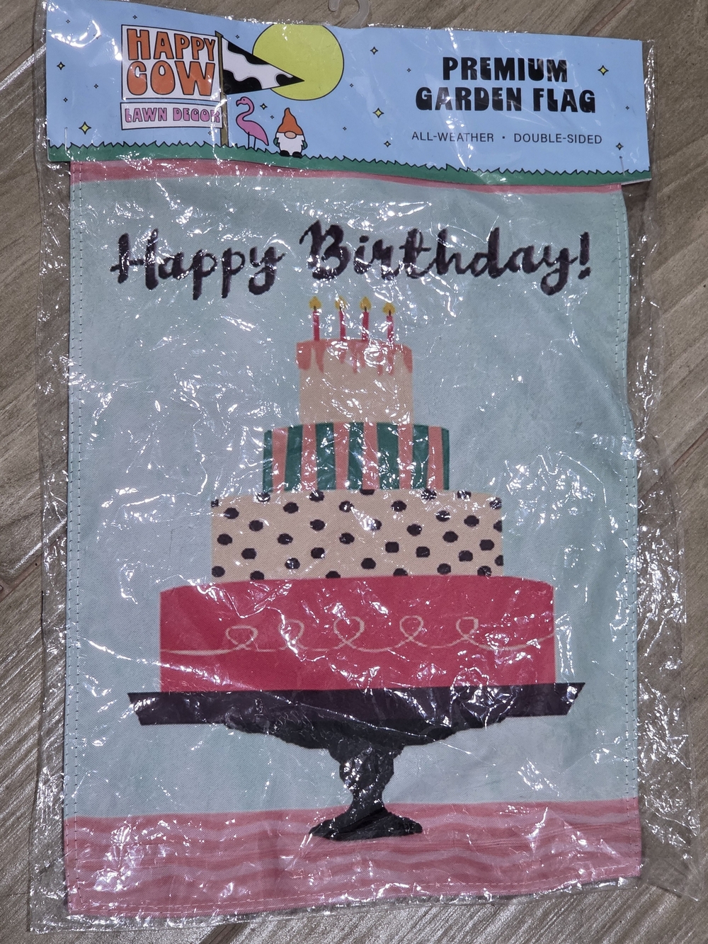 Premium Garden Flag - Happy BIRTHDAY Blue with Pink Birthday Cake